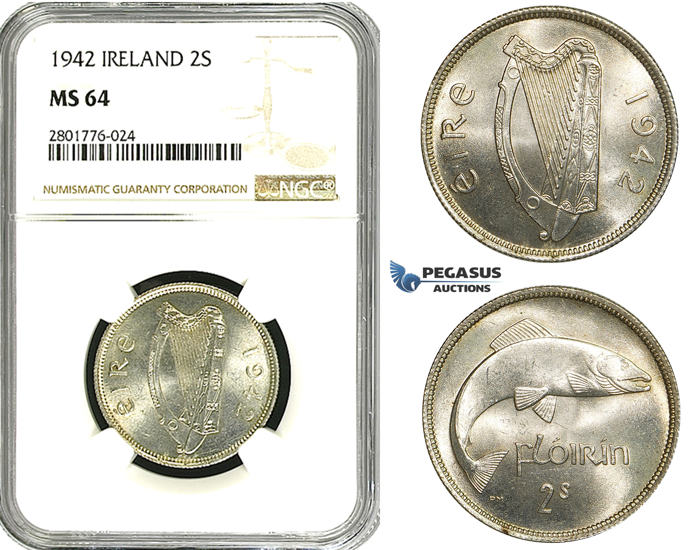 ZD59, Ireland, Free State, Florin - 2 Shillings 1942, Silver, NGC MS64