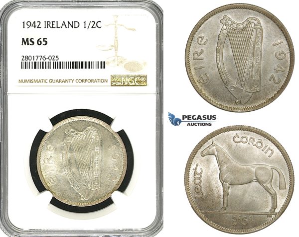ZD60, Ireland, Free State, 1/2 Crown 1942, Silver, NGC MS65
