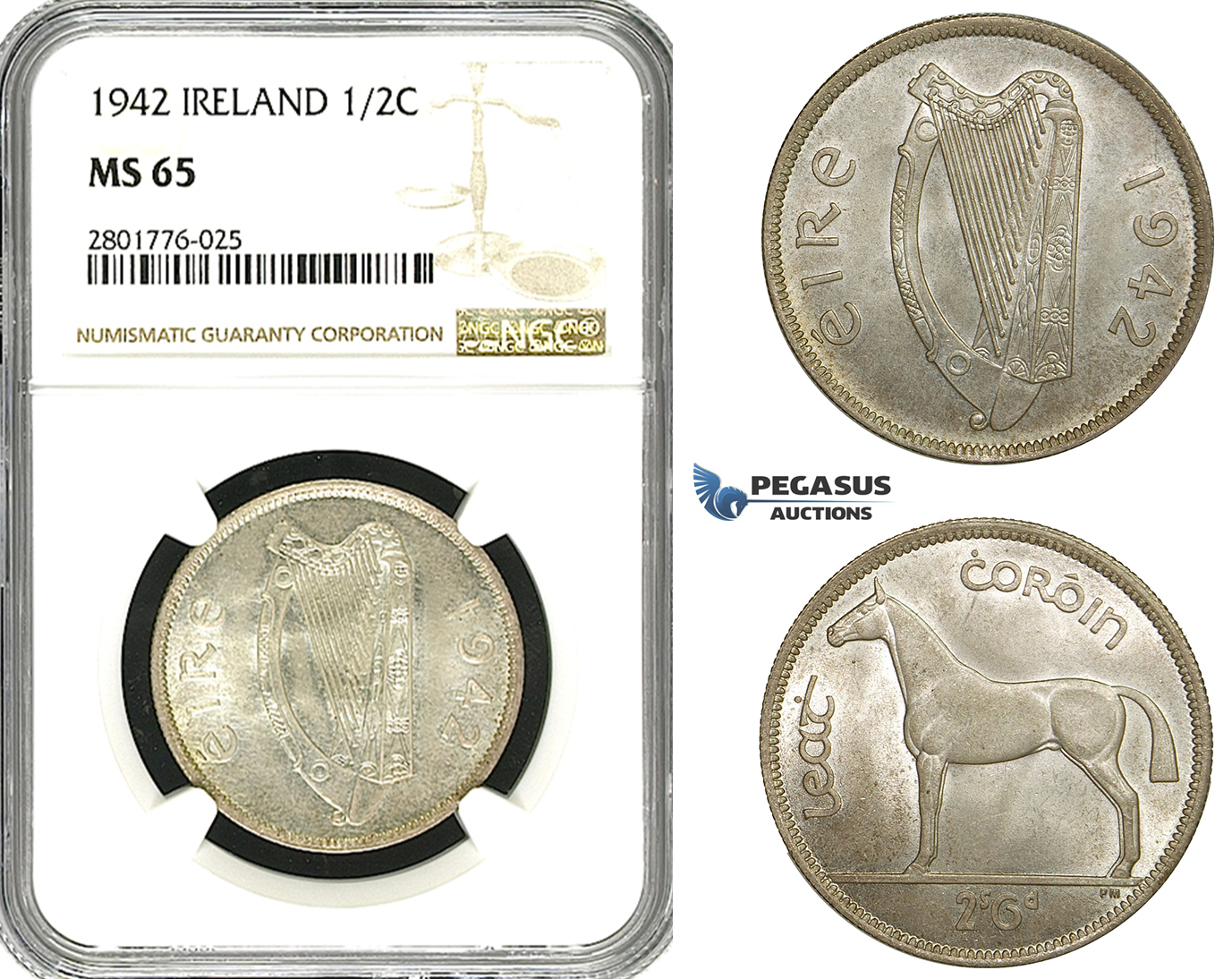 ZD60, Ireland, Free State, 1/2 Crown 1942, Silver, NGC MS65