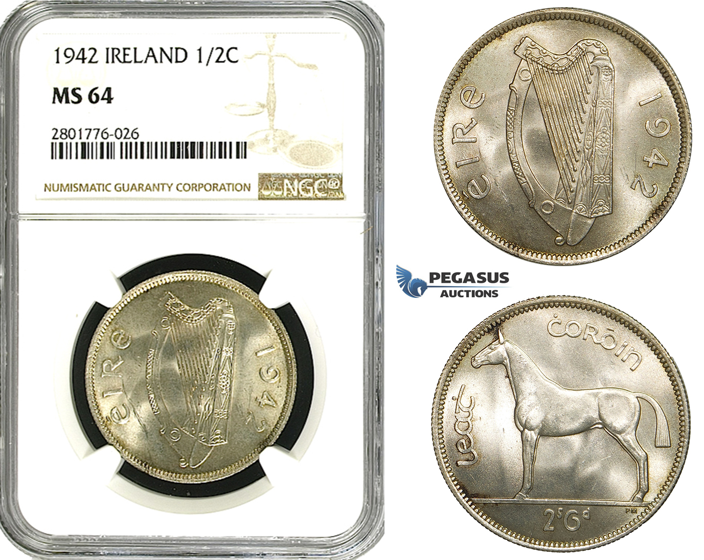 ZD61, Ireland, Free State, 1/2 Crown 1942, Silver, NGC MS64