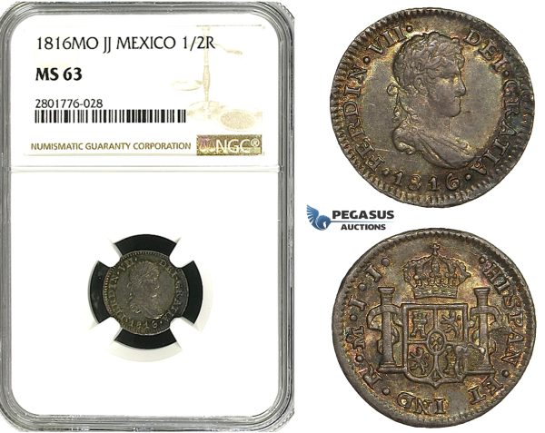 ZD62, Mexico, Ferdinand VII, 1/2 Real 1816-Mo JJ, Mexico City, Silver, NGC MS63