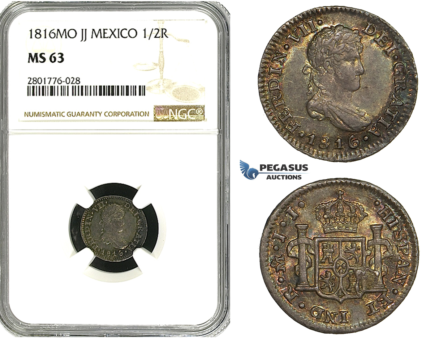 ZD62, Mexico, Ferdinand VII, 1/2 Real 1816-Mo JJ, Mexico City, Silver, NGC MS63