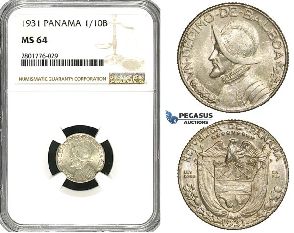 ZD63, Panama, 1/10 Balboa 1931, Philadelphia, Silver, NGC MS64