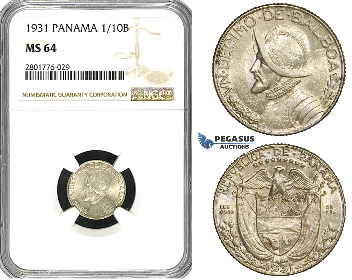 ZD63, Panama, 1/10 Balboa 1931, Philadelphia, Silver, NGC MS64