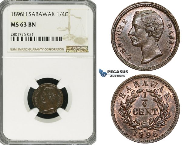 ZD65, Sarawak, C. Brooke Rajah, 1/4 Cent 1896-H, Heaton, NGC MS63BN