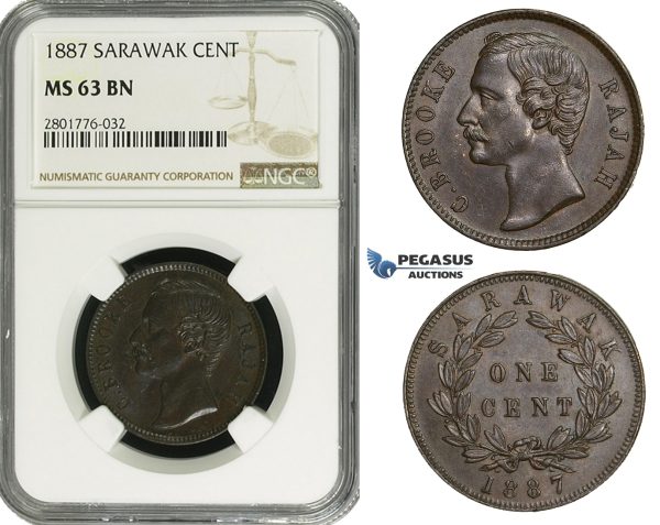 ZD66, Sarawak, C. Brooke Rajah, 1 Cent 1887, NGC MS63BN, Rare grade!