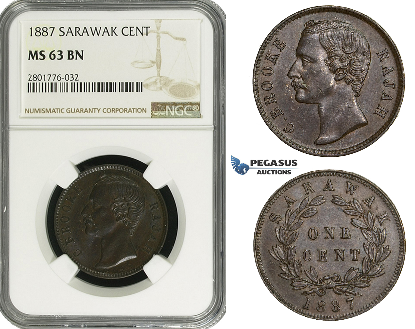 ZD66, Sarawak, C. Brooke Rajah, 1 Cent 1887, NGC MS63BN, Rare grade!