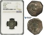 ZD67, Spain, Philip IV, Cob 2 Reales 1628 MD-V, Madrid, Silver (6.87g) NGC XF45
