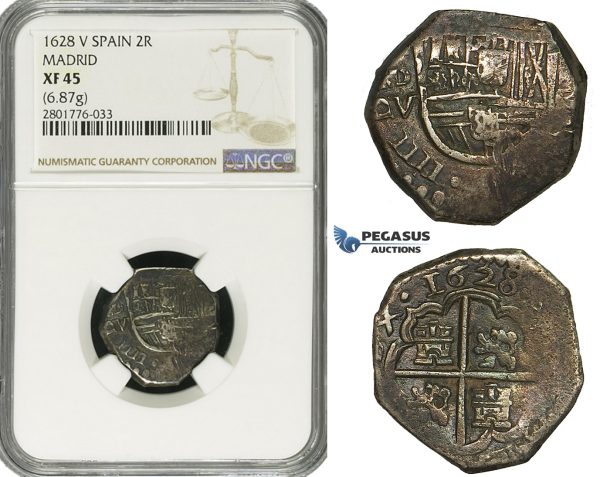 ZD67, Spain, Philip IV, Cob 2 Reales 1628 MD-V, Madrid, Silver (6.87g) NGC XF45