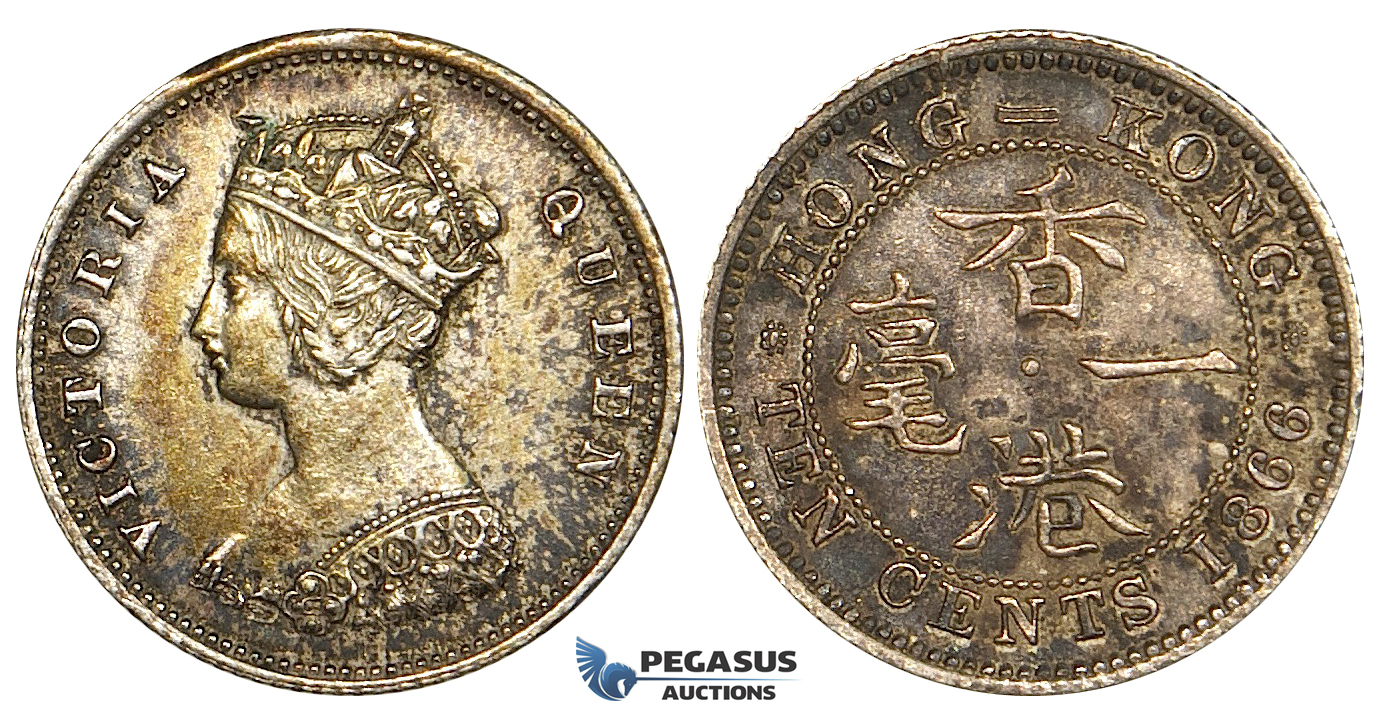 ZD73, Hong Kong, Victoria, 10 Cents 1866, Royal mint, Silver, XF-AU with strong toning!