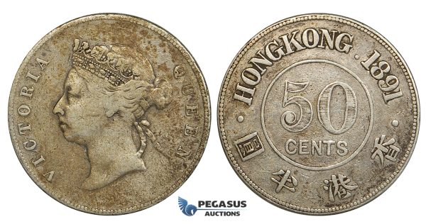 ZD74, Hong Kong, Victoria, 50 Cents 1891, Silver, Spotted toning, aVF