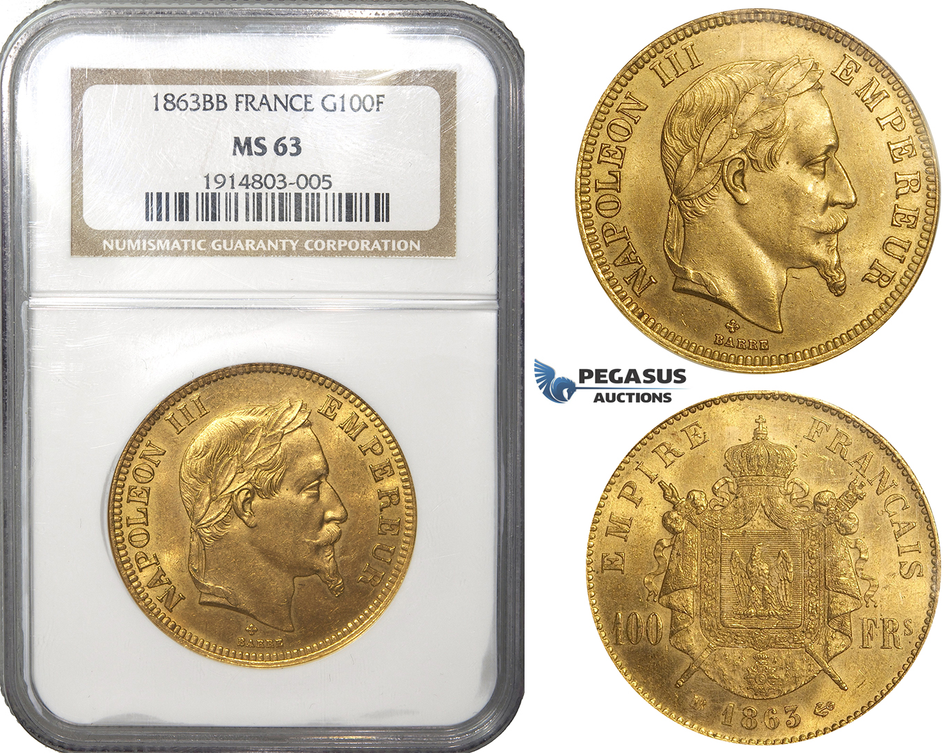 ZD78, France, Napoleon III, 100 Francs 1863-BB, Strasbourg, Gold, NGC MS63