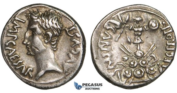 ZD82, Roman Empire, Augustus (27 BC - 14 AD) AR Denarius (3.94g) Emerita, 25-23 BC, Trophy of Celtiberian arms, Patina, VF
