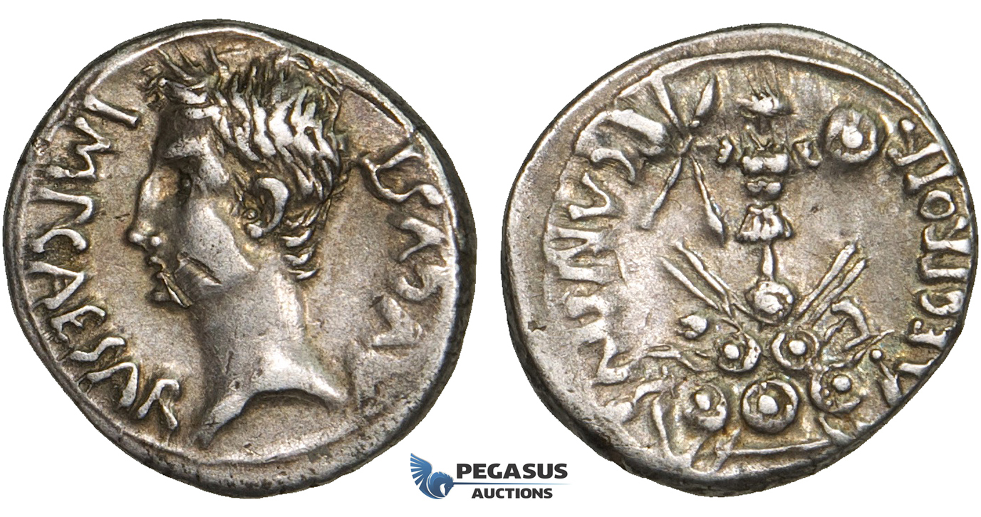 ZD82, Roman Empire, Augustus (27 BC - 14 AD) AR Denarius (3.94g) Emerita, 25-23 BC, Trophy of Celtiberian arms, Patina, VF
