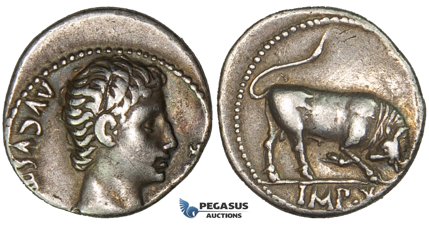 ZD83, Roman Empire, Augustus (27 BC - 14 AD) AR Denarius (3.79g) Lugdunum (Lyon) 15-13 BC, Bull, Patina, VF