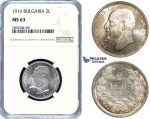 ZE03, Bulgaria, Ferdinand I, 2 Leva 1916, Silver, NGC MS63, Extremely Rare!