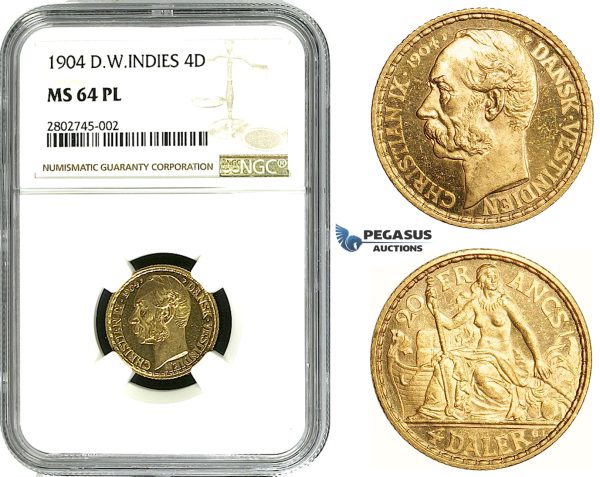 ZE05, Danish West Indies, Christian IX, 4 Daler/20 Francs 1904, Copenhagen, Gold, NGC MS64PL (Rare designation)
