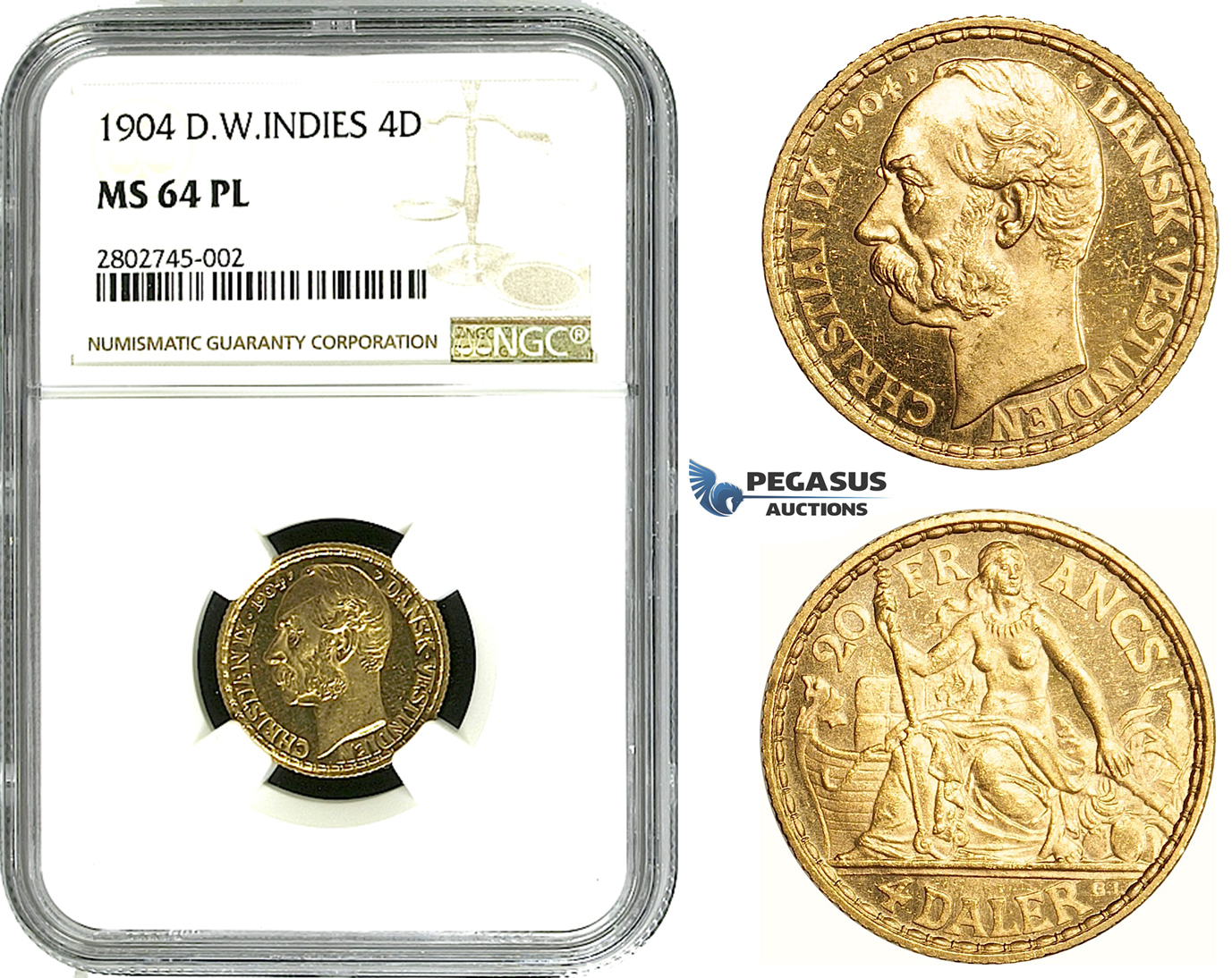 ZE05, Danish West Indies, Christian IX, 4 Daler/20 Francs 1904, Copenhagen, Gold, NGC MS64PL (Rare designation)