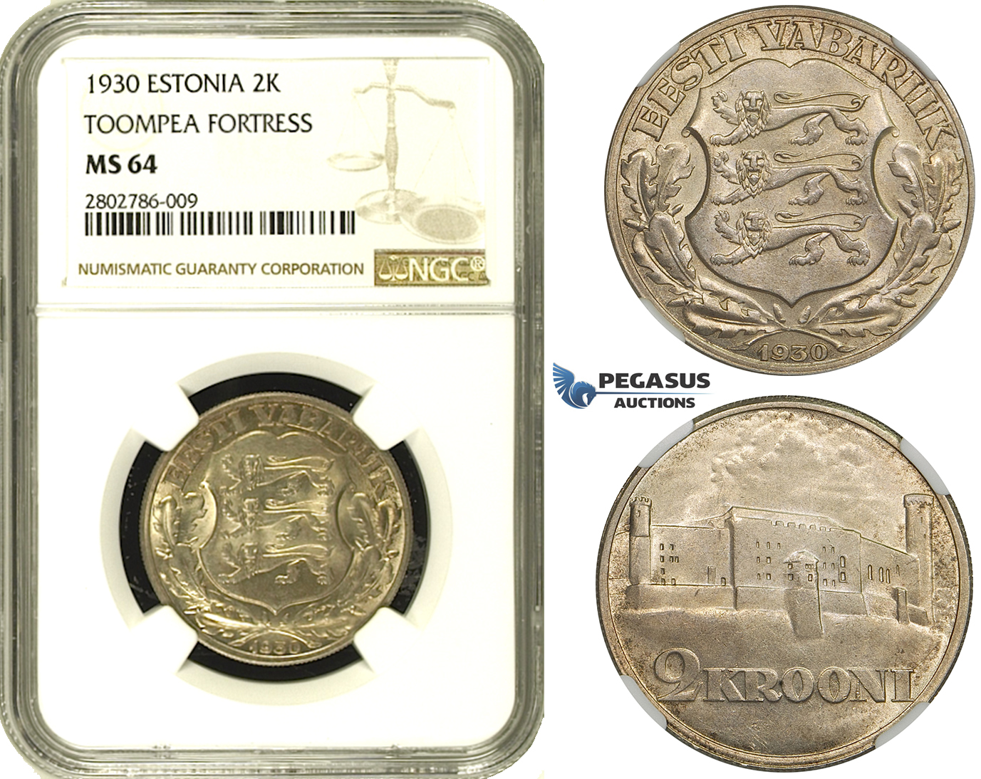 ZE06, Estonia (Toompea Fortress) 2 Krooni 1930, Silver, NGC MS64