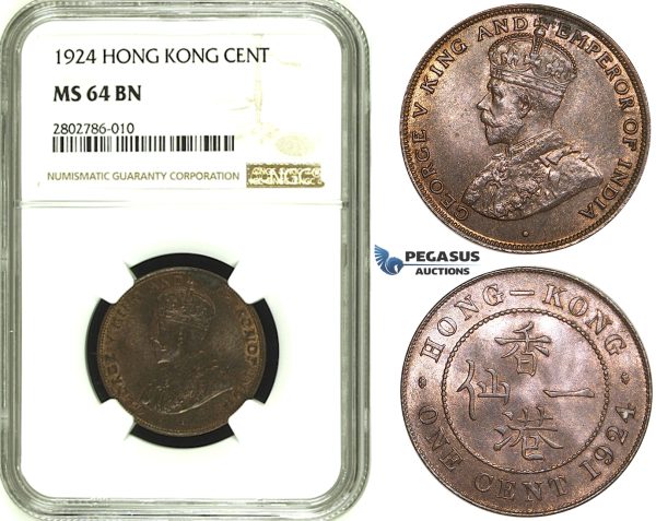 ZE14, Hong Kong, George V, 1 Cent 1924, NGC MS64BN