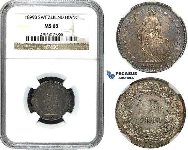 ZE34, Switzerland, 1 Franc 1899-B, Bern, Silver, NGC MS63