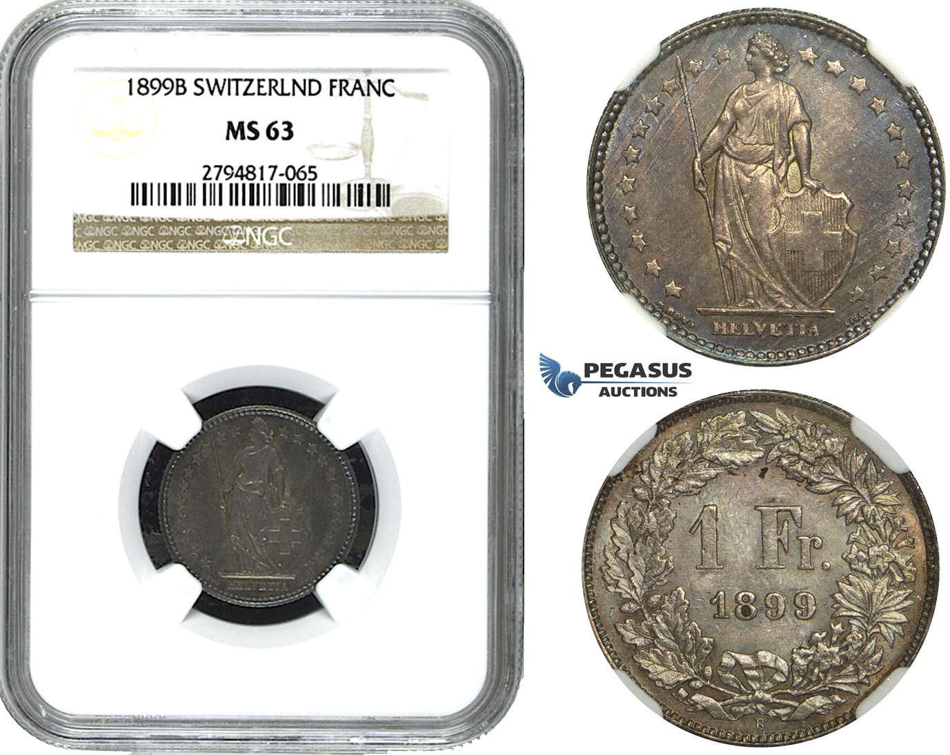 ZE34, Switzerland, 1 Franc 1899-B, Bern, Silver, NGC MS63