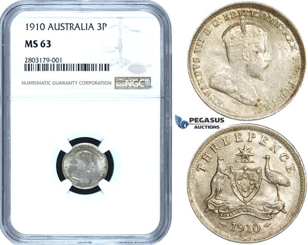 ZE37, Australia, Edward VII, Threepence (3 Pence) 1910, Silver, NGC MS63