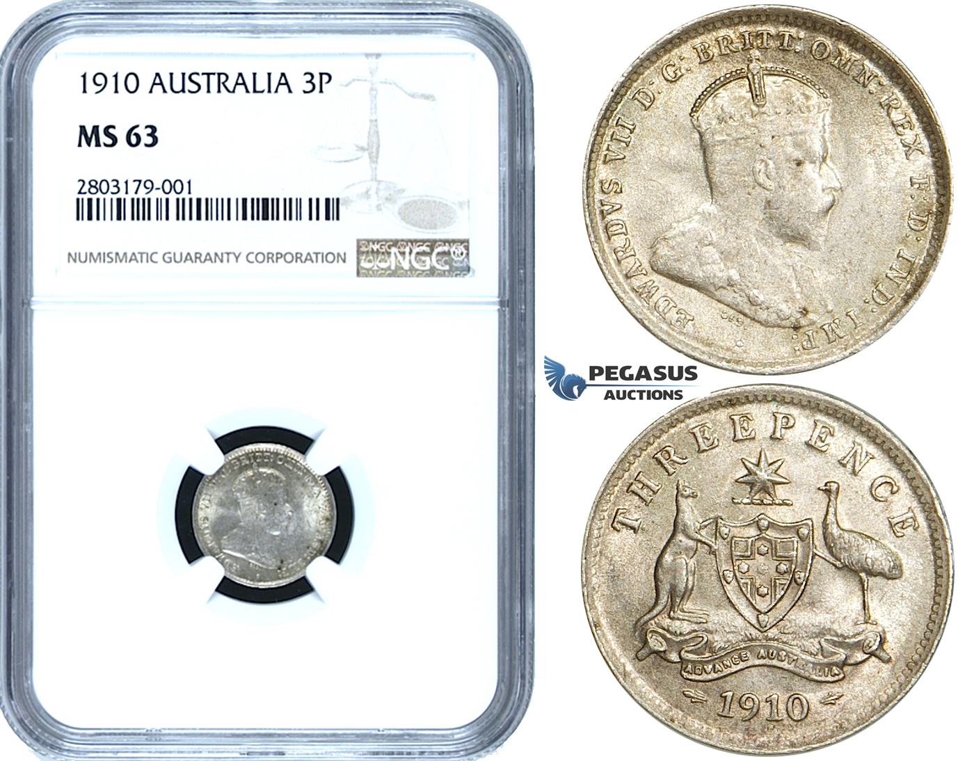 ZE37, Australia, Edward VII, Threepence (3 Pence) 1910, Silver, NGC MS63