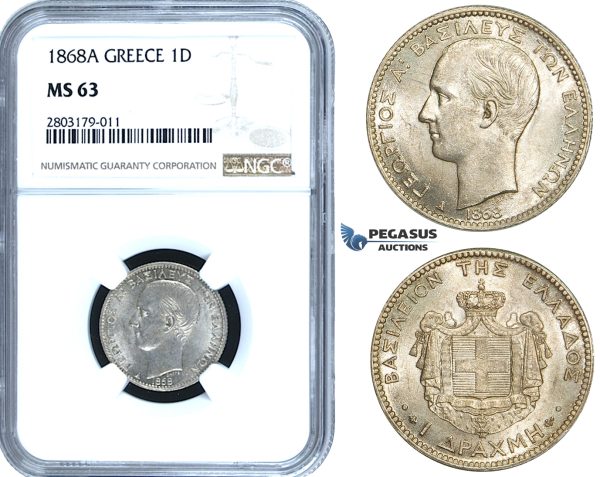 ZE48, Greece, George I, Drachm 1868-A, Paris, Silver, NGC MS63