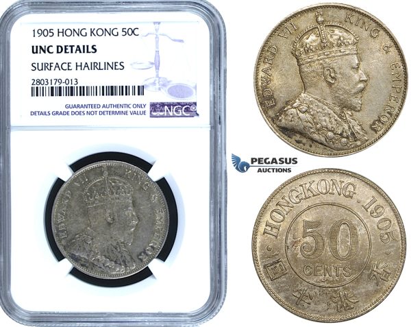 ZE50, Hong Kong, Edward VII, 50 Cents 1905, Silver, NGC UNC Details