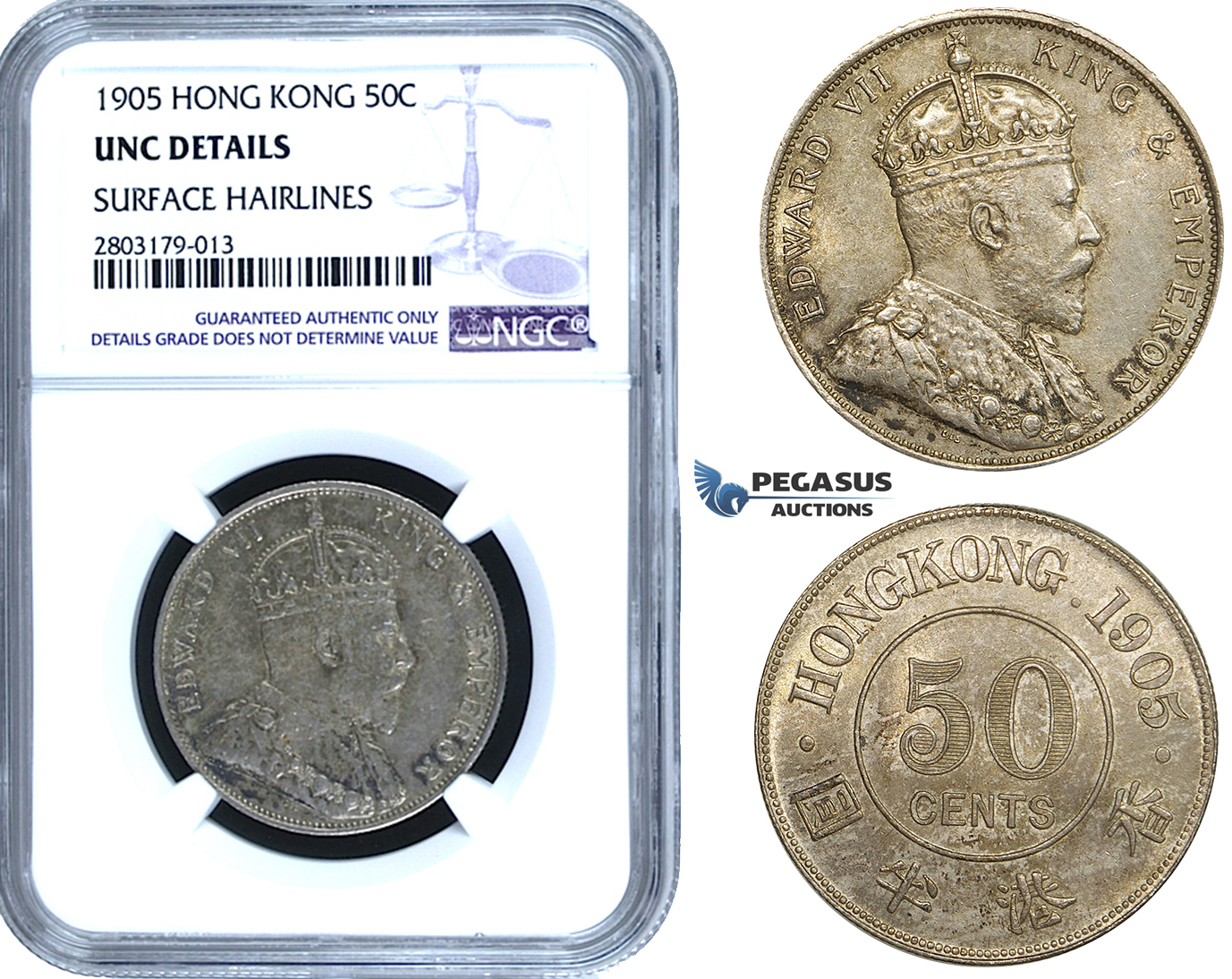 ZE50, Hong Kong, Edward VII, 50 Cents 1905, Silver, NGC UNC Details