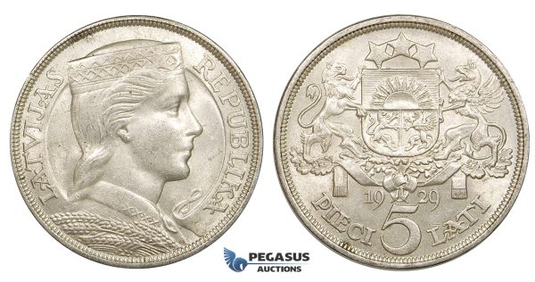 ZE51, Latvia, 5 Lati 1929, Silver, Lustrous XF-UNC