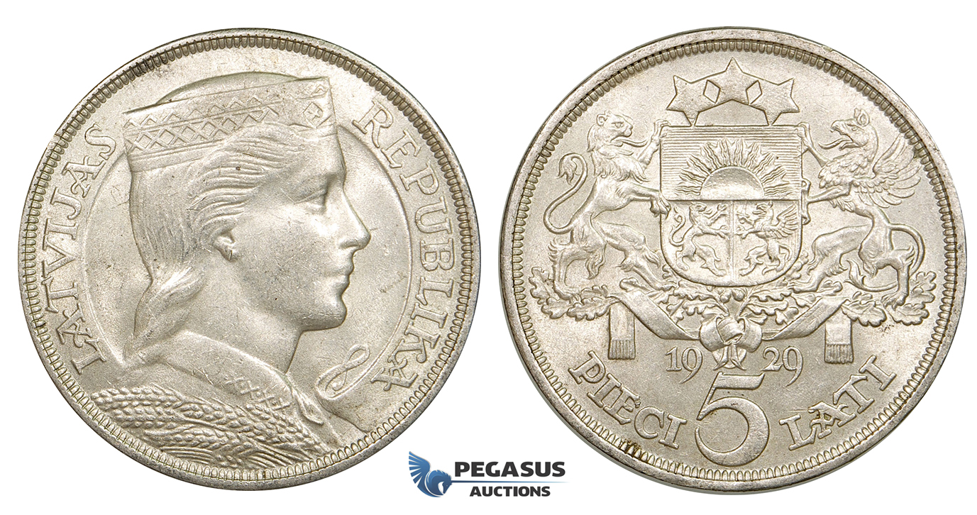 ZE51, Latvia, 5 Lati 1929, Silver, Lustrous XF-UNC