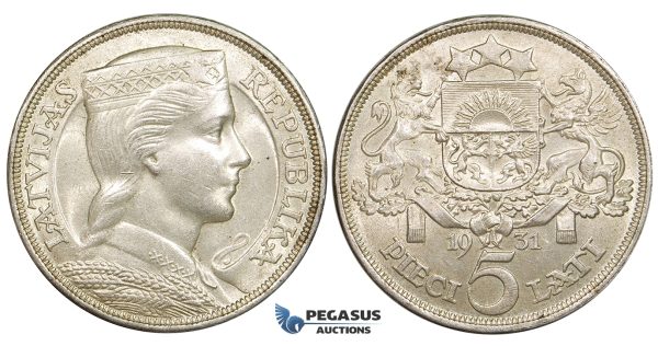 ZE52, Latvia, 5 Lati 1931, Silver, Lustrous XF-UNC