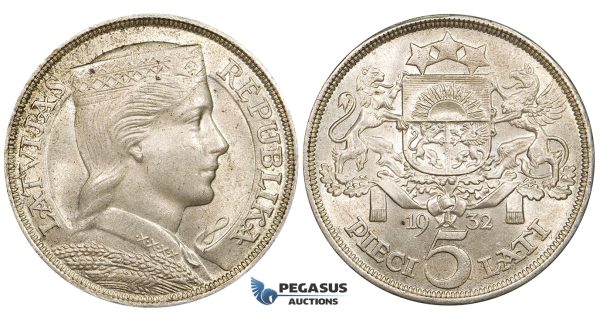 ZE53, Latvia, 5 Lati 1932, Silver, Lustrous UNC-