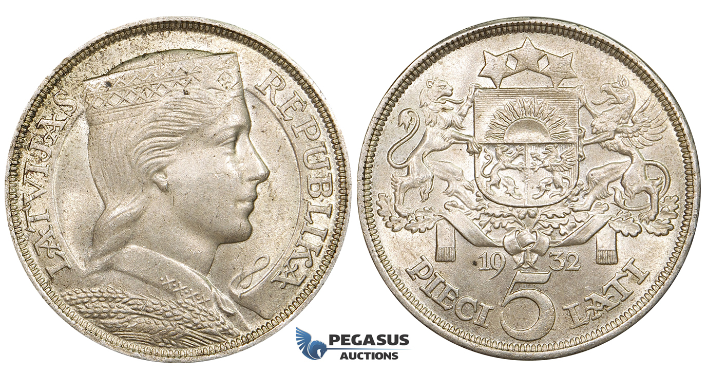 ZE53, Latvia, 5 Lati 1932, Silver, Lustrous UNC-
