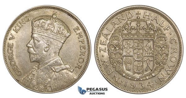 ZE54, New Zealand, George V, 1/2 Crown 1934, Silver, AU
