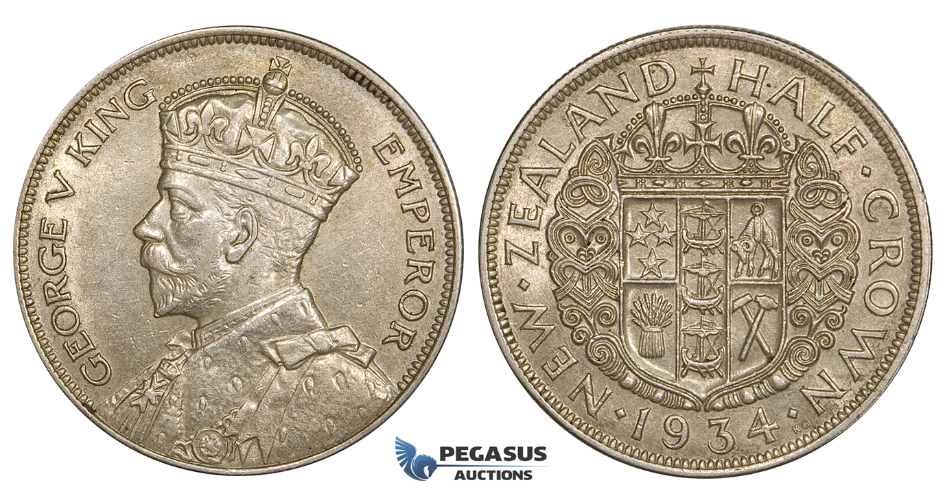 ZE54, New Zealand, George V, 1/2 Crown 1934, Silver, AU