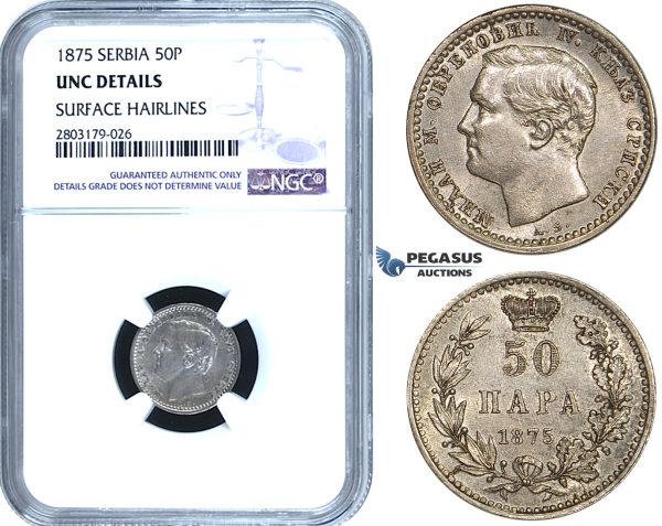 ZE59, Serbia, Milan I. Obrenovic, 50 Para 1875, Silver, NGC UNC Details