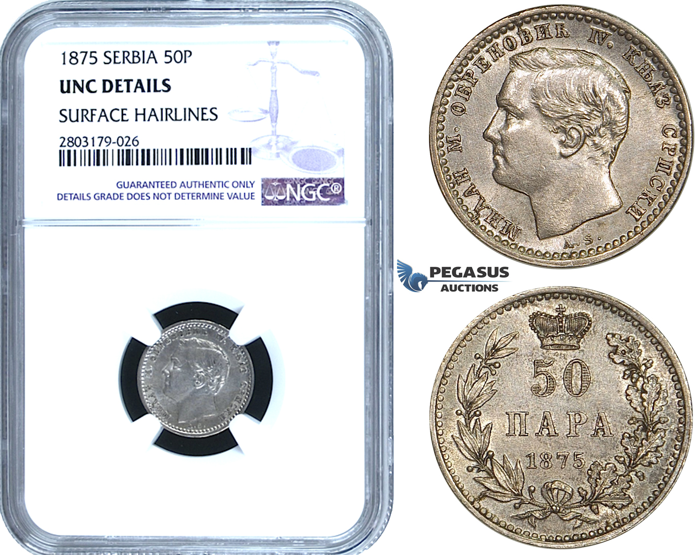 ZE59, Serbia, Milan I. Obrenovic, 50 Para 1875, Silver, NGC UNC Details