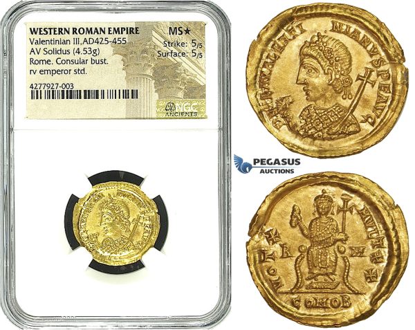ZE66, Western Roman Empire, Valentinian III (425-455 AD) AV Solidus (4.53g) Rome, 435 AD, Consular Type, NGC MS★ As struck! Very Rare! Possibly finest known!