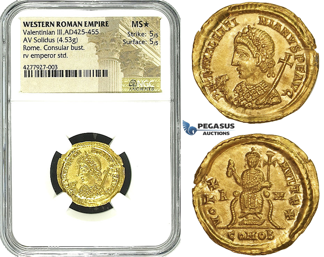 ZE66, Western Roman Empire, Valentinian III (425-455 AD) AV Solidus (4.53g) Rome, 435 AD, Consular Type, NGC MS★ As struck! Very Rare! Possibly finest known!