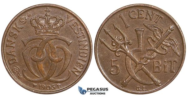 ZE71, Danish West Indies, Christian IX, 1 Cent (5 Bit) 1905, Copenhagen, Brown, AU