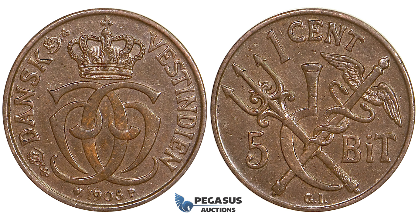 ZE71, Danish West Indies, Christian IX, 1 Cent (5 Bit) 1905, Copenhagen, Brown, AU