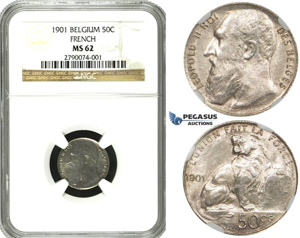 ZE76, Belgium, Leopold II, 50 Centimes 1901, Brussels, Silver, NGC MS62
