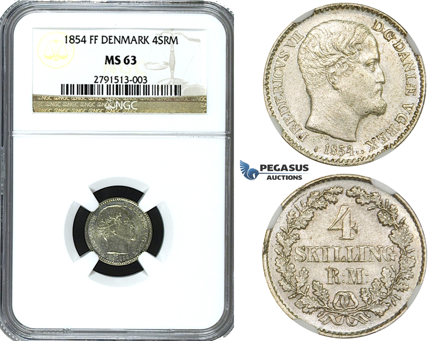 ZE78, Denmark, Frederik VII, 4 Skilling rigsmønt 1854 FF, Silver, NGC MS63