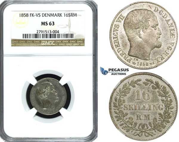 ZE79, Denmark, Frederik VII, 16 Skilling rigsmønt 1858 VS, Silver, NGC MS63