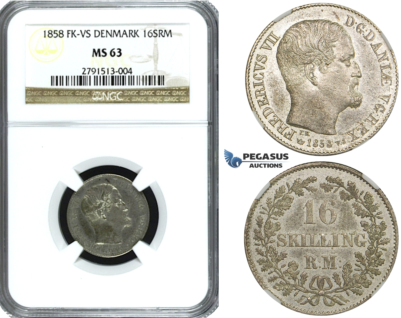 ZE79, Denmark, Frederik VII, 16 Skilling rigsmønt 1858 VS, Silver, NGC MS63