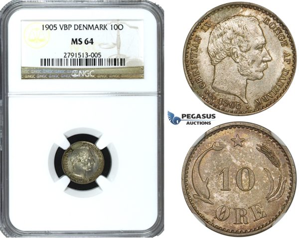 ZE80, Denmark, Christian IX, 10 Øre 1905, Copenhagen, Silver, NGC MS64