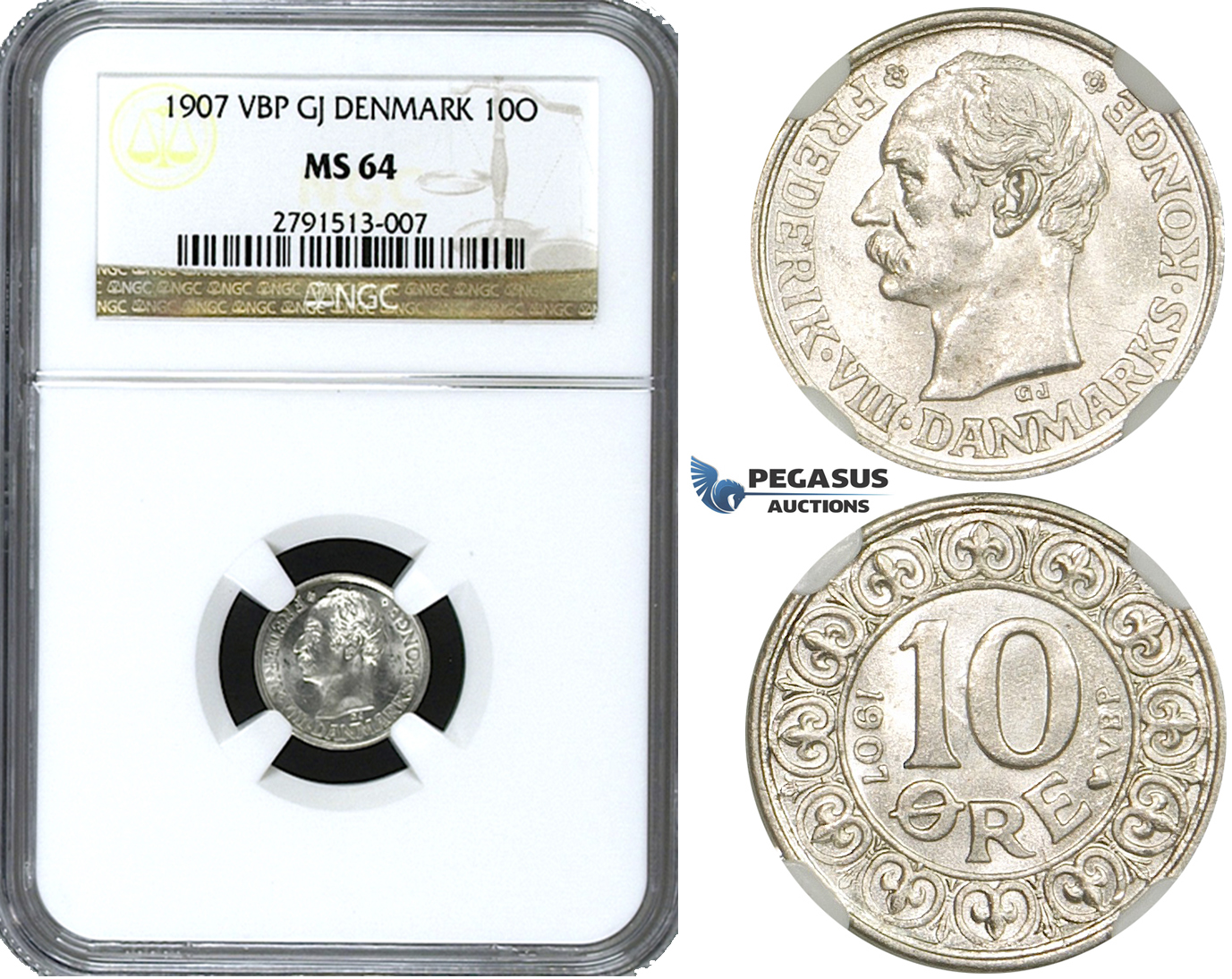 ZE81, Denmark, Frederik VIII, 10 Øre 1907, Copenhagen, Silver, NGC MS64